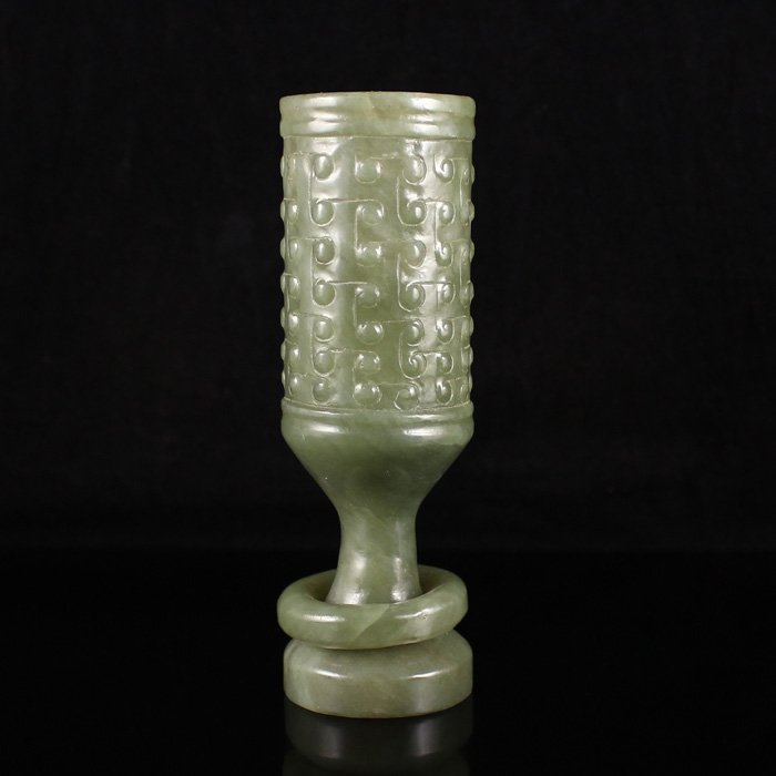 Chinese Qing Dy Natural Hetian Jade Cup Statue w Ring: Chinese Qing Dy Natural Hetian Jade Cup Statue w Ring Dimension: 112*35*35 (mm) 4.41*1.38*1.38 (in) Weight 0.42 lbs/190g Tips about Chinese Hetian Nephrite Jade Hetian jade is a nephrite jade and is r