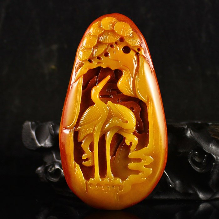Chinese Natural Jade Pendant w Crane & Pine Tree: Vivid Hand Carved Chinese Natural Jade Pendant w Crane & Pine TreeDimension: 100*55*23(mm) 3.94*2.17*0.91(in) Weight 0.37 lbs/ 170 gThe total weight does not include the base. The base is not included