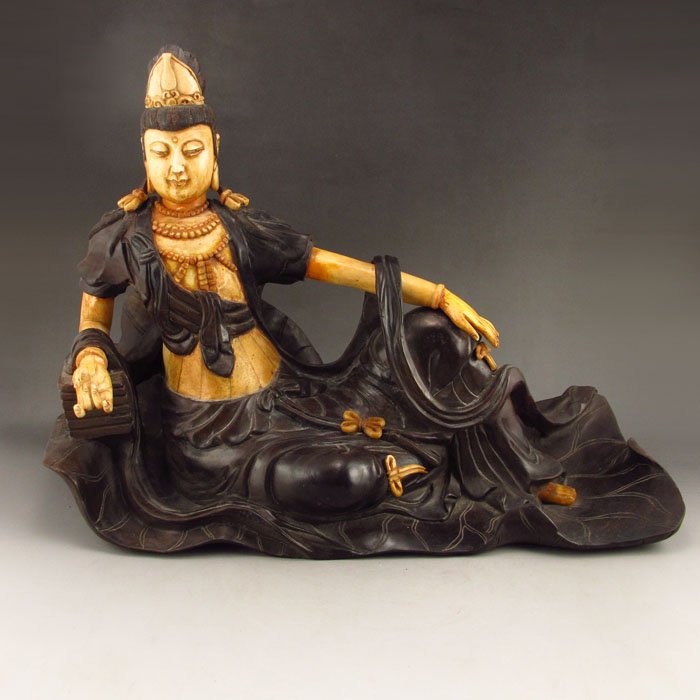 Chinese Bone Inlay Black Sanders Statue - Kwan-yin: Handmade Chinese Bone Inlay Natural Black Sanders Statue - Kwan-yinDetails:390*145*290(mm)15.35*5.71*11.42(in) Weight 8.95 lbs/4058g