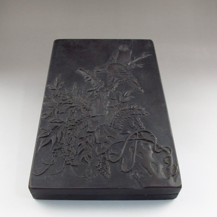 Hand Carved Chinese Duan Inkstone w Flower & Bird: Hand Carved Chinese Duan Inkstone w Flower & Bird Dimension: 185*118*24(mm) 7.28*4.65*1.94(in) Weight 2.80 lbs/1270g The total weight does not include the base. The base is not included after you have