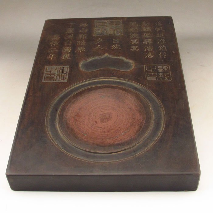 Hand Carved Chinese Inkstone Carved Poetry Marked: Hand Carved Chinese Inkstone Carved Poetry MarkedDimension: 295*196*30(mm)11.61*7.72*1.18(in) Weight 8.27 lbs/3750g