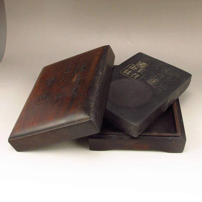 Hand-carved Chinese Duan Inkstone & Hard Wood Box: Hand-carved Chinese Duan Inkstone & Hard Wood Box w Qian Long MarkDimension: 165*130*46(mm)6.50*5.12*1.81(in) Weight 3.69 lbs/1676g