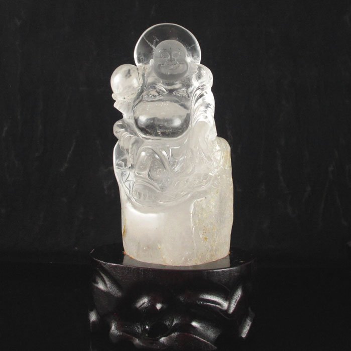 Chinese Natural Crystal Statue w Laughing Buddha: Chinese Natural Crystal Statue w Laughing Buddha Dimension: 170*75*70(mm)6.69*2.95*2.76 (in) Weight 1.87 lbs/850g The total weight does not include the base. The base is included after you have won th