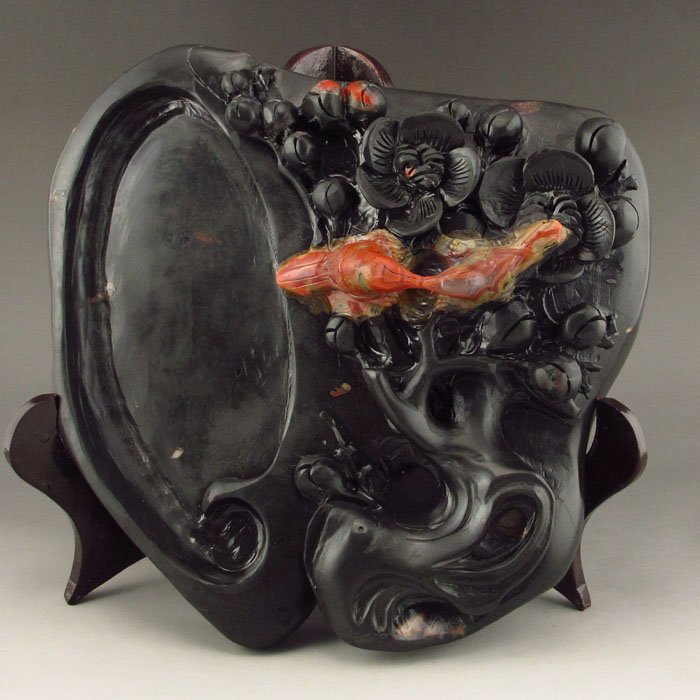 Chinese Natural Nan Hong Agate Inkstone w Plum Flower: Hand-carved Chinese Natural Nan Hong Agate Inkstone w Plum Flower Dimension: 197*180*60(mm) 7.76*7.09*2.36(in) Weight 3.28 lbs/1488g The total weight does not include the base. The base is not include