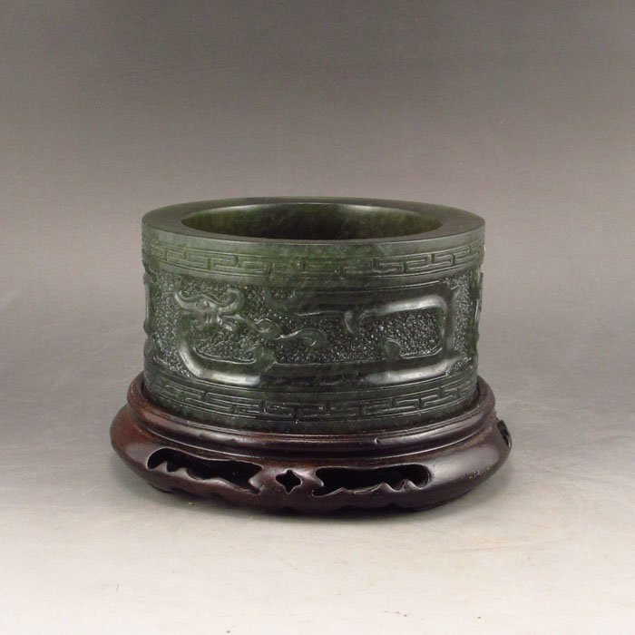 Hand Carved Chinese Natural Jade Scholar Brush Washer: Hand Carved Chinese Natural Jade Scholar Brush Washer Dimension: 98*98*50(mm) 3.86*3.86*1.97(in) Weight: 1.28 lbs/580 g The total weight does not include the base. The base is not included after you h