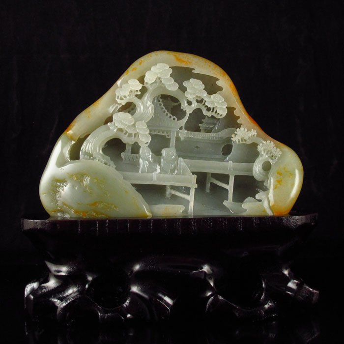 Chinese Natural Hetian Jade Statue w Sages & Pine Tree: Chinese Natural Hetian Jade Statue w Sages & Pine Tree Dimension: 136*95*38 (mm) 5.35*3.74*1.50 (in) Weight 1.10 lbs/500g Tips about Chinese Hetian Nephrite Jade Hetian jade is a nephrite jade and is