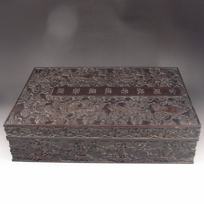 Superb Natural India Zitan Wood Buddhist Books Box: Vintage Superb Natural India Zitan Wood Buddhist Books Box - Low Relief Lucky Design Dimension: 380*250*100(mm) 14.96*9.84*3.94(in) Weight 7.65 lbs/3472gTips for wood art craftThe wood sculpture is po