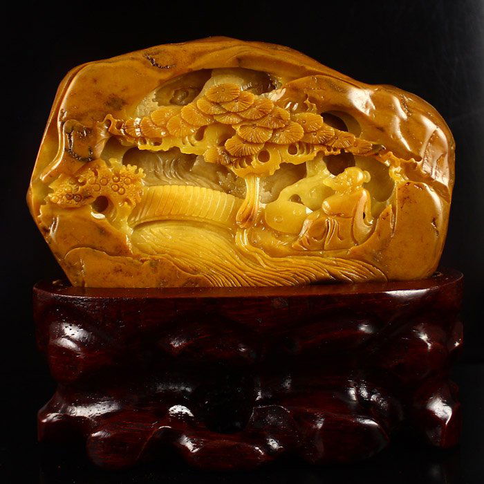 Superb Chinese Natural Jade Statue w Sage & Pine Tree: Superb Chinese Natural Jade Statue w Sage & Pine Tree Dimension: 120*75*26 (mm) 4.72*2.95*1.02 (in) Weight 0.75 lbs/342g The total weight does not include the base. The base is included after you have