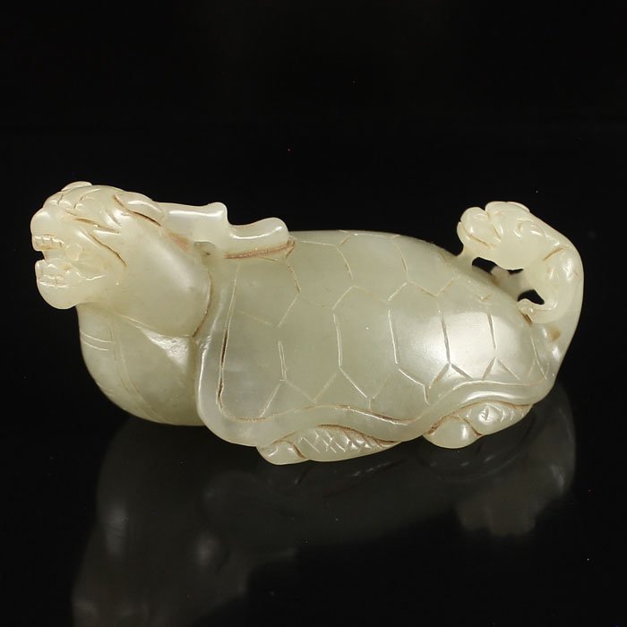 Vintage Chinese Hetian Jade Statue - Ao Dragon Turtle: Vintage Chinese Natural Hetian Jade Statue - Ao Dragon Turtle Dimension: 83*48*37 (mm) 3.27*1.89*1.46 (in) Weight 0.30 lbs/134gTips about Chinese Hetian Nephrite JadeHetian jade is a nephrite jade and