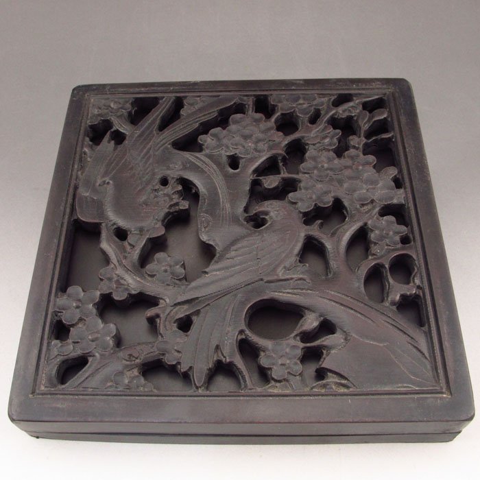 Chinese Duan Inkstone w Box , Magpies & Plum Flower: Hollow-out Carved Chinese Duan Inkstone w Box , Magpies & Plum Flower Dimension: 156*156*28 (mm) 6.14*6.14*1.10 (in) Weight 3.48 lbs/1580g