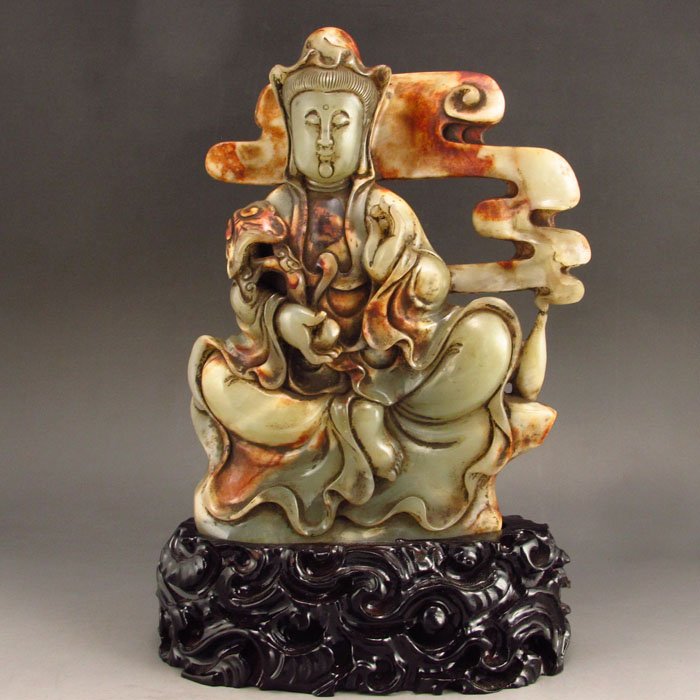 Vintage China Natural Hetian Jade Statue Ruyi Kwan-yin: Vintage Superb Hand-carved Chinese Natural Hetian Jade Statue - Ruyi Kwan-yin Dimension: 190*150*50 (mm)7.48*5.91*1.97 (in) Weight 3.52 lbs/1596g Tips about Chinese Hetian Nephrite Jade Hetian jade is