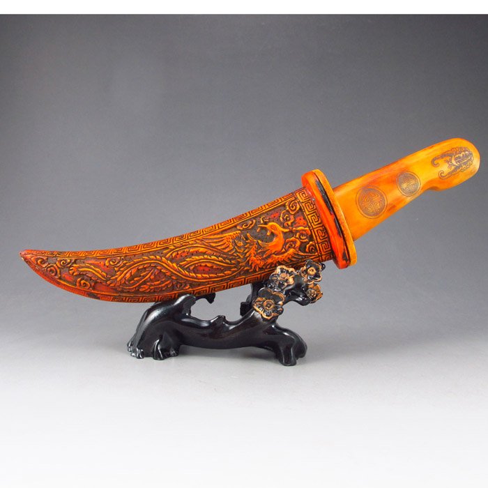 Chinese Ox Bone Carved Dragon Phoenix Small Sword: Chinese Natural Ox Bone Carved Dragon Phoenix Small SwordDimension: 265*56*33(mm) 10.43*2.20*1.3 (in) Weight 1.48 lbs/216g