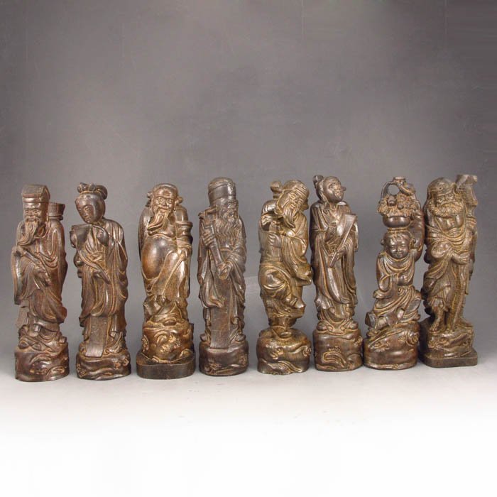 A Set Chinese Natural Chenxiang Wood Statue: A Set Chinese Natural Chenxiang Wood Carved Eight Taoist Characters Statue Dimension: 185*55*53(mm)7.28*2.17*2.09(in) Weight 0.80 lbs/364 gDimension: 183*47*43(mm) 7.20*1.85*1.69(in) Weight 0.54 lbs/2