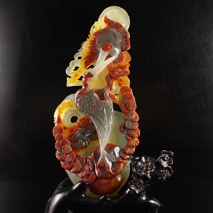 Beautiful Natural Jade Statue w Cranes & Pine Tree: Beautiful Natural Jade Statue w Cranes & Pine Tree Dimension: 175*70*17 (mm) 6.89*2.76*0.67 (in) Weight 0.46 lbs/210g The total weight does not include the base. The base is not included after you hav