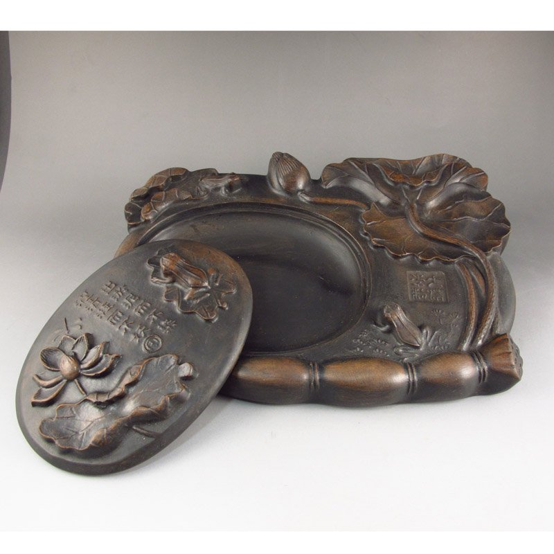 Vintage Chinese Duan Inkstone Carved Lotus Frog: Vintage Chinese Duan Inkstone Carved Lotus FrogDimension: 240*165*33(mm) 9.45*6.5*1.3(in) Weight 3.4 lbs/1542g