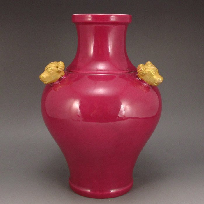 Chinese Rouge Glaze Gold-plating Sheep Head Vase: High Quality Chinese Rouge Glaze Gold-plating Sheep Head Vase w Qianlong Mark Dimension:200*140*140(mm)7.87*5.51*5.51(in) Weight 1.59 lbs/720g Tips about Chinese Porcelain Chinese ceramic ware is an a