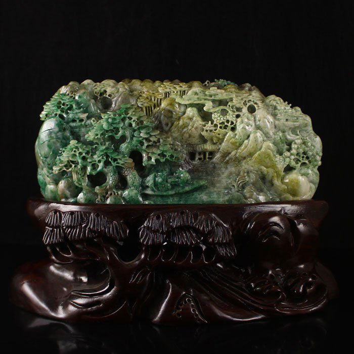 Superb Chinese Natural Du Shan Jade Statue - Pine Tree: Superb Hand Carved Chinese Natural Du Shan Jade Statue - Pine Tree & Rowing old man Dimension:160*57*75(mm) 6.3*2.24*2.95 (in) Weight 2.3 lbs/1044 g The total weight does not include the base. The bas