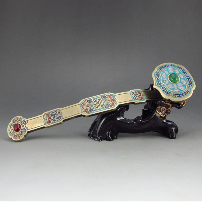 Chinese Brass Inlay Agate Ruyi Scepter Marked: Chinese Brass Inlay Agate Ruyi Scepter Marked Dimension:205*55*27(mm) 8.07*2.17*1.06(in) Weight 0.41 lbs/184gThe total weight does not include the base. The base is not included after you have won the
