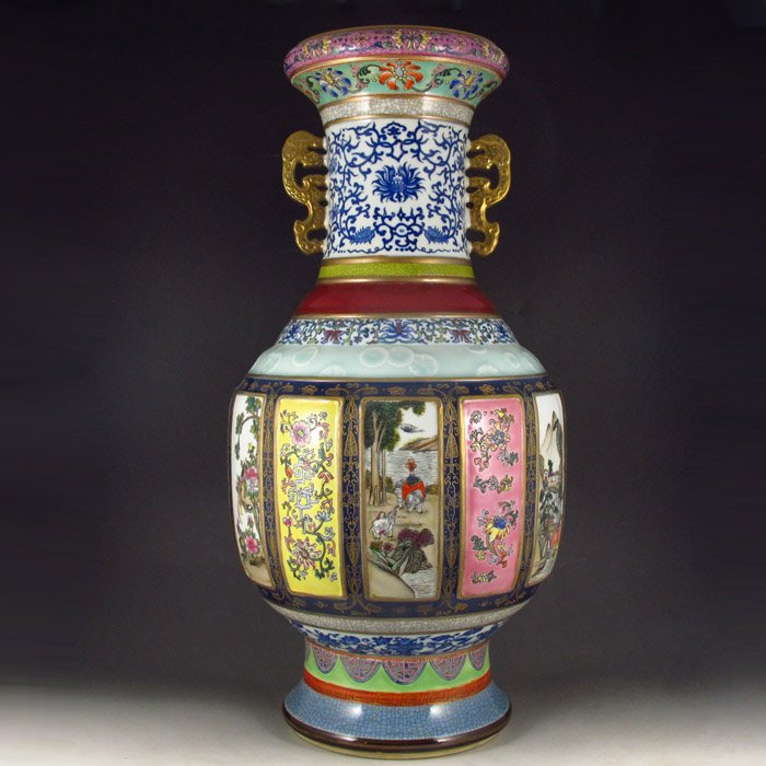 Chinese Hand-painted Gold Plated Porcelain King Vase: Superb Chinese Palace Hand-painted Gold Plated Porcelain Vase w Qian Long Mark Details:505*250*250(mm)19.88*9.84*9.84(in)Weight :13.23 lbs/6kg Tips about Chinese Porcelain Chinese ceramic ware is an a