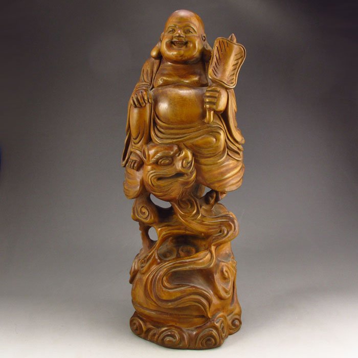 Chinese Natural Boxwood Statue - Laughing Buddh: Chinese Natural Boxwood Statue - Laughing Buddha Dimension:340*125*90(mm)13.39*4.92*3.54(in) Weight 3.32 lbs/1508g Tips about boxwood Chinese boxwood is originally milky yellow. After polished, the su