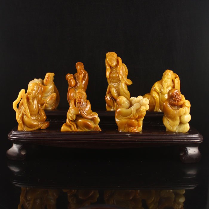 A Set Chinese Shoushan Stone Statue -Eight Taoism Deity: A Set Hand Carved Chinese Natural Shoushan Stone Statue - Eight Taoism Deity Dimension: 99*43*30 (mm) 3.90*1.69*1.18 (in) Weight 0.25 lbs/112g Dimension: 82*78*29 (mm) 3.23*3.07*1.14 (in) Weight 0.51