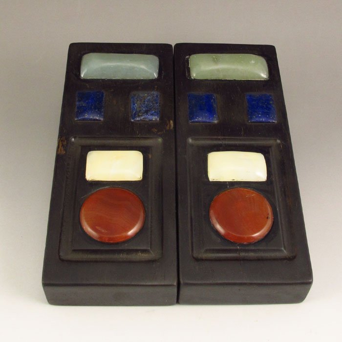 Chinese Sandalwood Inlay Natural Jade Agate Paperweight: Chinese Black Sandalwood Inlay Natural Jade Lapis Lazuli & Red Agate Paperweight Dimension:150*60*26(mm) 5.91*2.36*1.02(in) Weight 1.32 lbs/599 g