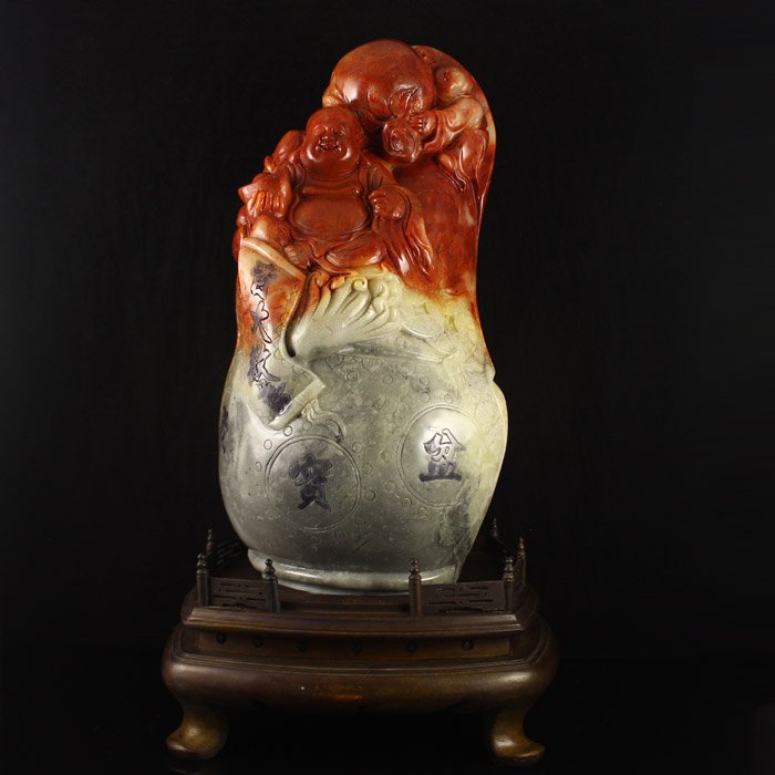 Shoushan Stone Statue - Laughing Buddha & Fortune Kid: Hand Carved Chinese Natural Shoushan Stone Statue - Laughing Buddha & Fortune KidDimension:330*170*140(mm)12.99*6.69*5.51(in) Weight 15.21lbs/6.9kg Tips about Shoushan Stone Chinese Fujian Shoushan st
