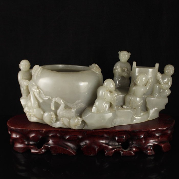 Chinese Hetian Jade Scholar Brush Washer & Fortune Kids: Vintage Hand Carved Chinese Qing Dynasty Hetian Jade Scholar's Brush Washers & Fortune Kids & Qianlong Mark Dimension: 275*110*115(mm)10.83*4.33*4.53(in) Weight:5.44 lbs/2469g Tips about Chinese Hetia