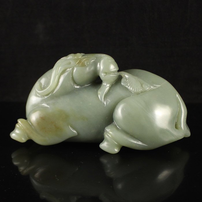Chinese Natural Hetian Jade Statue - Fortune Sheep: Hand Carved Chinese Natural Hetian Jade Statue - Fortune Sheep Dimension: 130*65*55(mm) 5.12*2.56*2.17(in) Weight 1.12 lbs/507 g Tips about Chinese Hetian Nephrite Jade Hetian jade is a nephrite jade