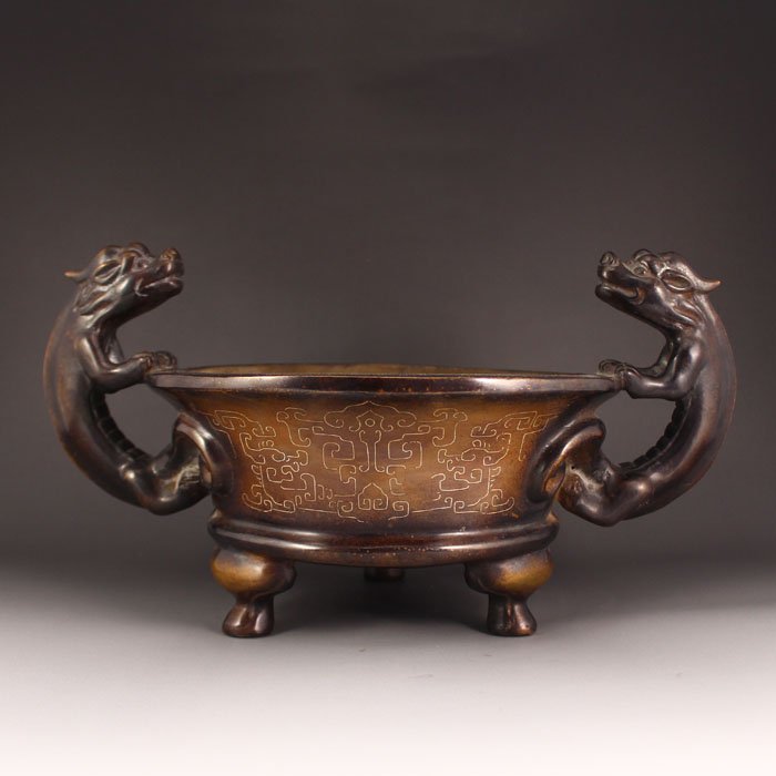 Chinese Red Copper Inlay Silver Wire Incense Burner: High Quality Chinese Red Copper Inlay Silver Wire Double Ear Incense Burner Dimension: 325*208*165(mm) 12.80*8.19*6.50(in) Weight 12.34 lbs/5599 g