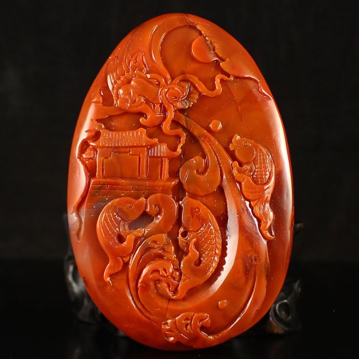 Superb Chinese Nan Hong Agate Pendant - Dragon & Fish (1 of 6)