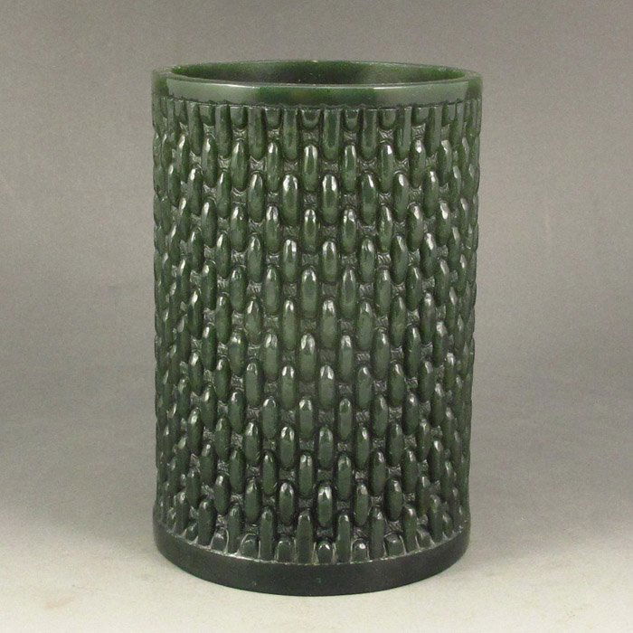 Hand Carved Chinese Natural Green Hetian Jade Brush Pot (1 of 8)