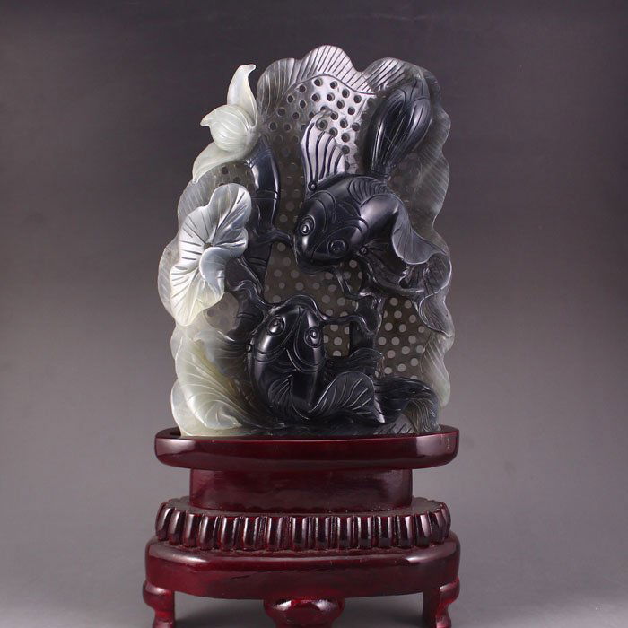 Hand Carved Chinese Natural Jade Statue - Fish & Lotus (1 of 7)