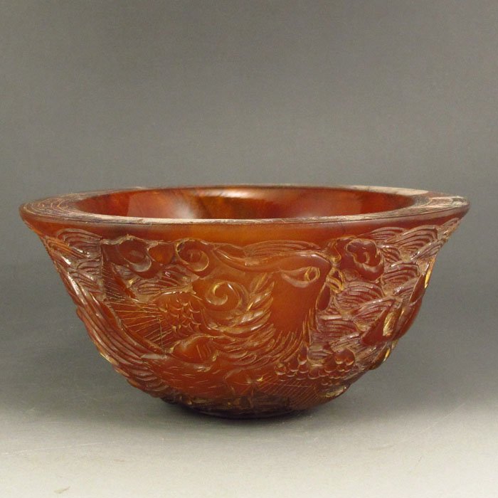 Chinese Ox Horn Bowl Carved Dragon & Phoenix (1 of 6)