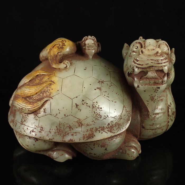 Chinese Natural Hetian Jade Statue - Ao Dragon Turtle (1 of 6)
