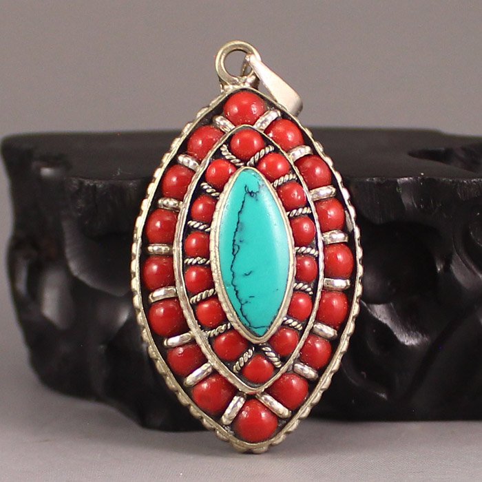 Beautiful Chinese Silver Inlay Turquoise Pendant (1 of 6)