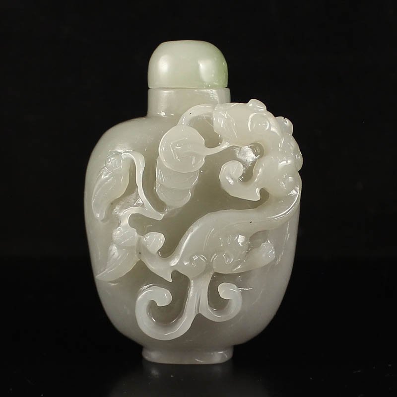 Chinese Natural Hetian Jade Snuff Bottle w Li Dragon (1 of 6)