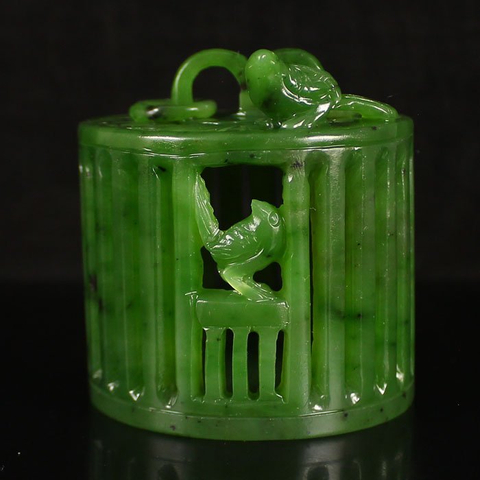 Chinese Natural Green Hetian Jade Miniature Birdcage (1 of 6)