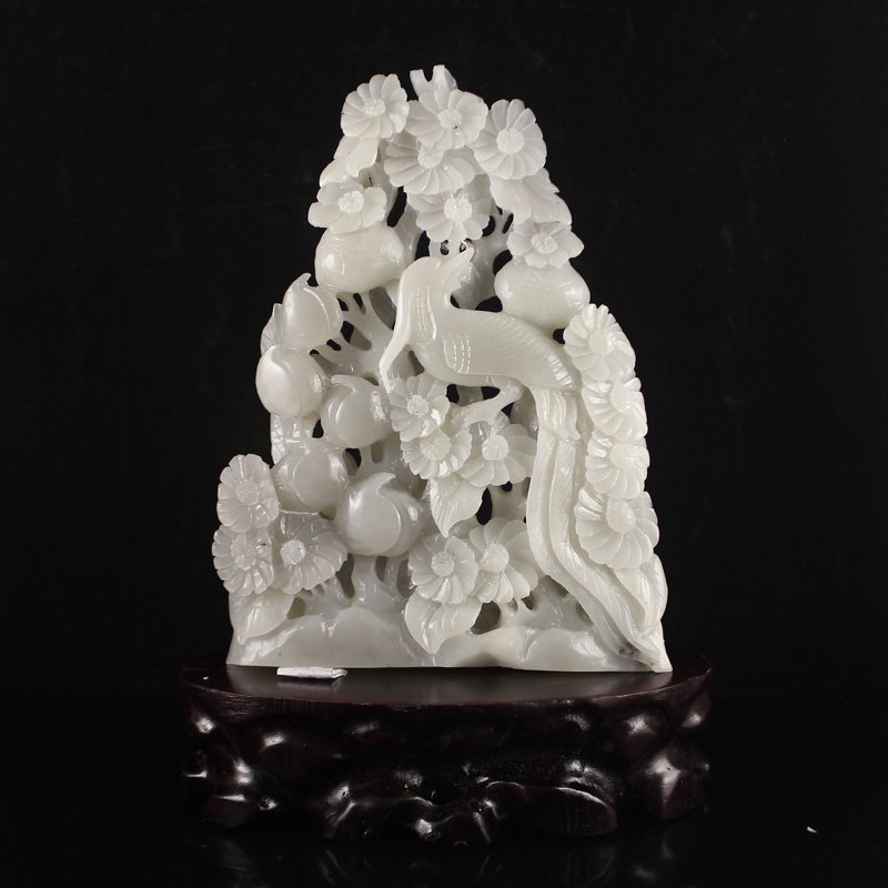 Chinese Natural Hetian Jade Statue - Bird & Flower (1 of 7)