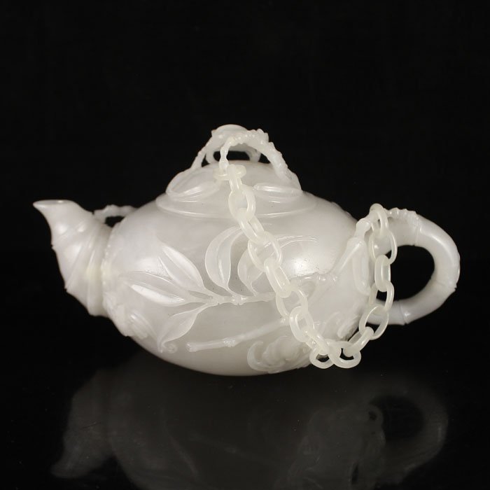 Chinese Natural White Hetian Jade Bamboo Leaf Teapot (1 of 6)