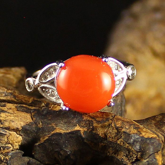 Genuine Silver Inlay Chinese Natural Nanhong Agate Ring (1 of 6)