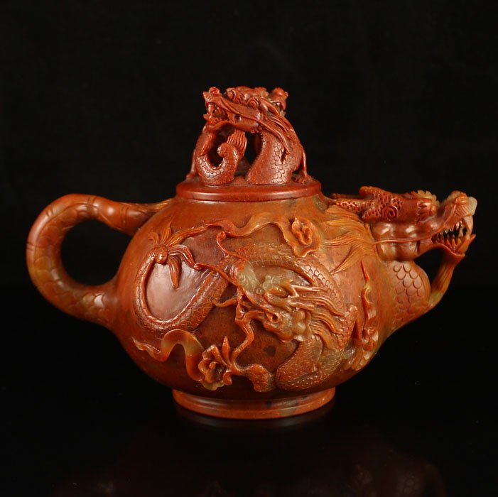 Chinese Natural Shoushan Stone Teapot w Dragons (1 of 7)