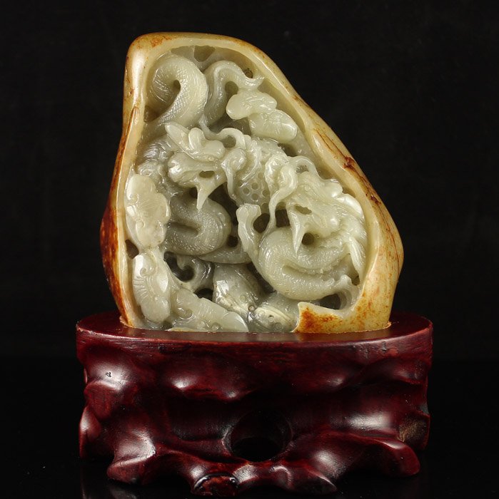 China Natural Hetian Jade Statue - Double Dragon & Ball (1 of 7)