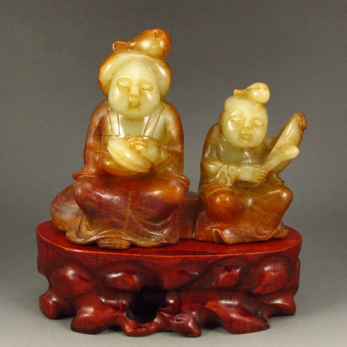 China Tang Dynasty Hetian Jade Statue - Two Music Women (1 of 8)