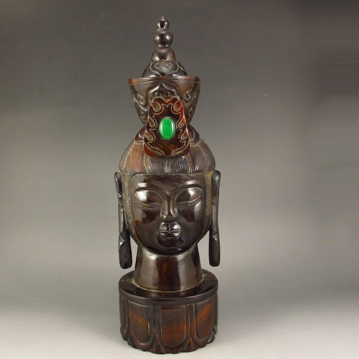 Chinese Ox Horn Inlay Natural Jade Kwan-yin Head Statue (1 of 9)
