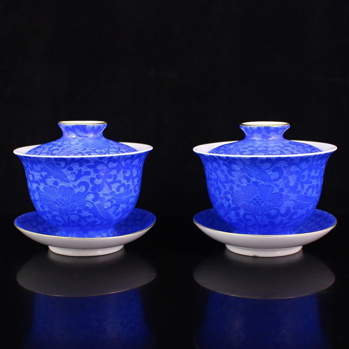 A Pair Chinese Blue Glaze Pa Hua Porcelain Cups (1 of 8)