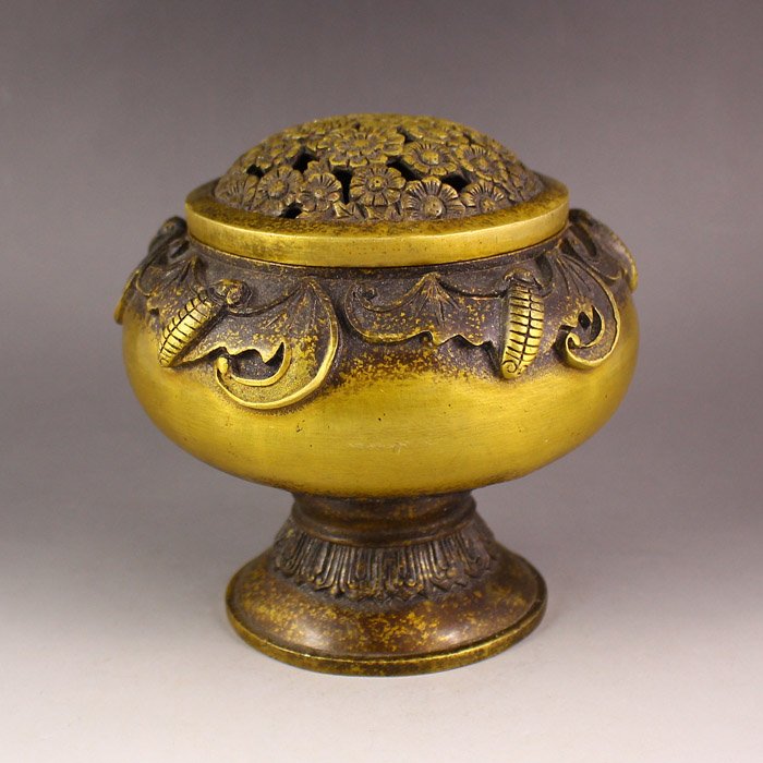 Vintage Chinese Brass Incense Burner Carved Fortune Bat (1 of 6)