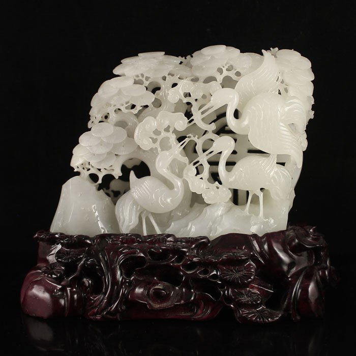 Openwork Chinese Hetian Jade Statue - Cranes Pine Tree (1 of 7)
