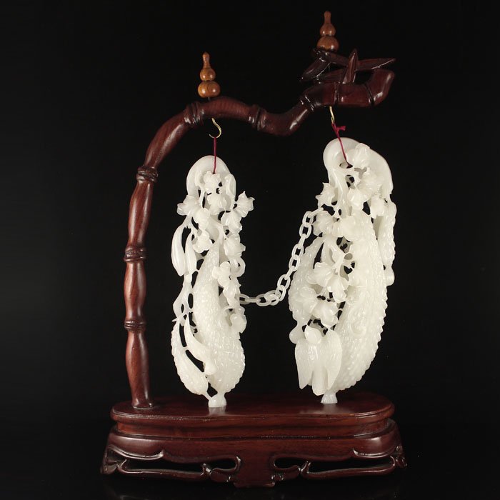 Superb Chinese White Hetian Jade Cucumbers Birds Statue (1 of 10)