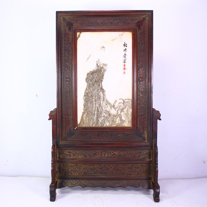 Chinese Natural Zitan Wood Inlay Natural Granite Screen: Chinese Natural Zitan Wood Inlay Natural Granite Screen Dimension:520*310*130(mm)20.47*12.2*5.12(in) Weight4.36lbs/1976g